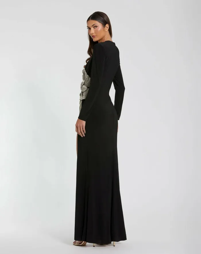 Mac Duggal Best Sellers Women Black Jersey Gown With Embellished Flower Black
