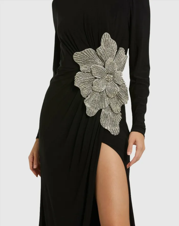 Mac Duggal Best Sellers Women Black Jersey Gown With Embellished Flower Black