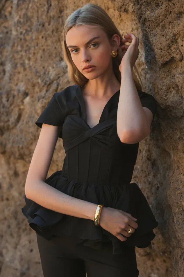 Mac Duggal Blouses and Tops Women Faille Twist Bustier Peplum Top Black