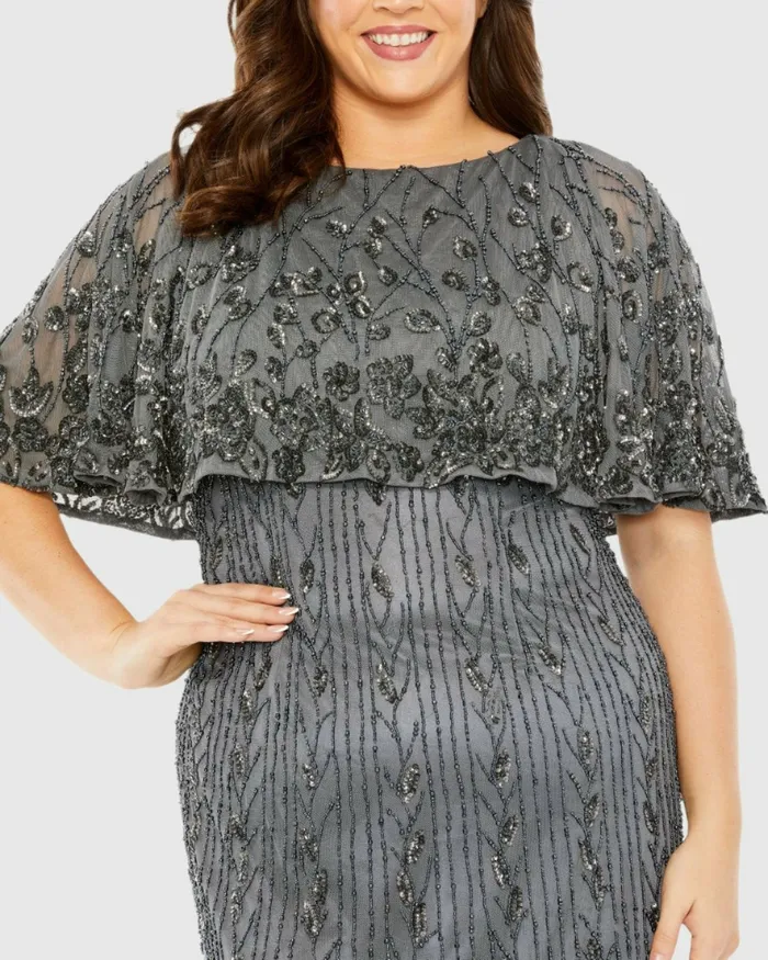 Mac Duggal Cocktail Dresses Women High Neck Embellished Column Dress with Cape Pewter Mac Duggal Cocktail Dresses Women High Neck Embellished Column Dress with Cape Pewter