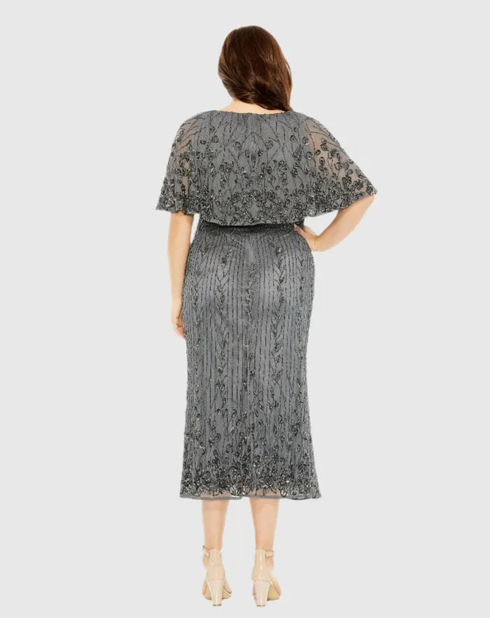 Mac Duggal Cocktail Dresses Women High Neck Embellished Column Dress with Cape Pewter Mac Duggal Cocktail Dresses Women High Neck Embellished Column Dress with Cape Pewter