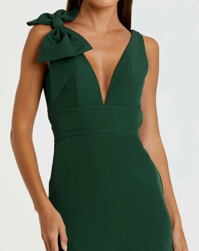 Mac Duggal Dark Green Sleeveless V Neck Bow Detail Mermaid Gown Emerald Women Best Sellers