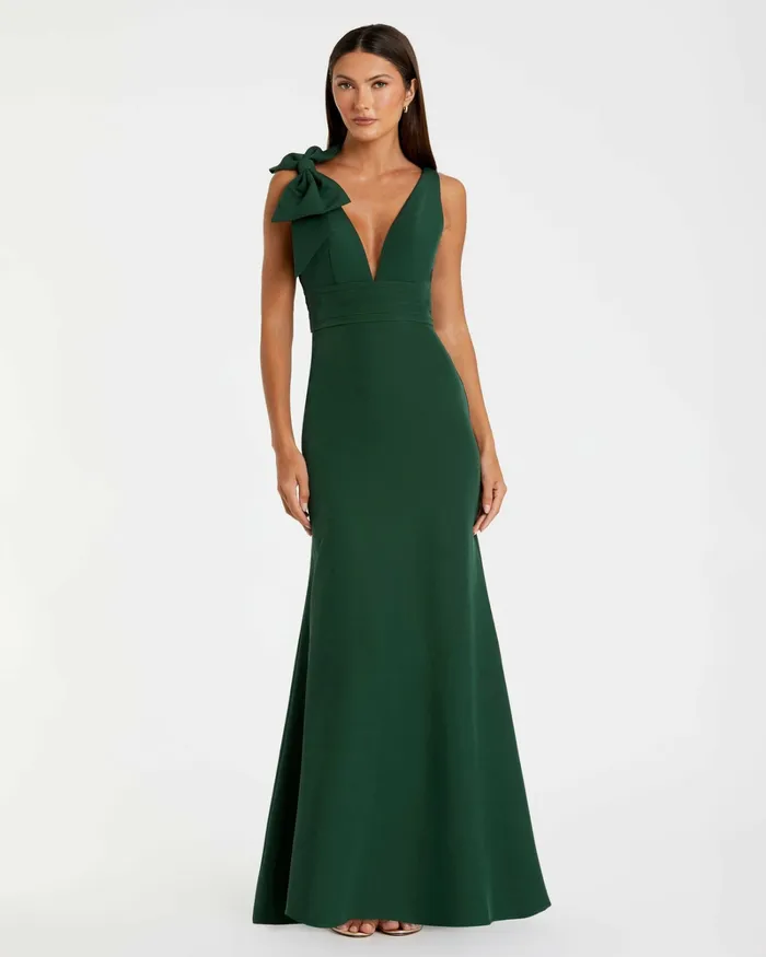 Mac Duggal Dark Green Sleeveless V Neck Bow Detail Mermaid Gown Emerald Women Best Sellers