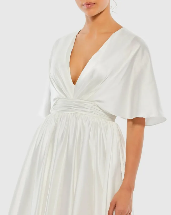 Mac Duggal Daytime Dresses Women White Satin Flowy Cape Sleeve Mini Dress 8211 FINAL SALE White