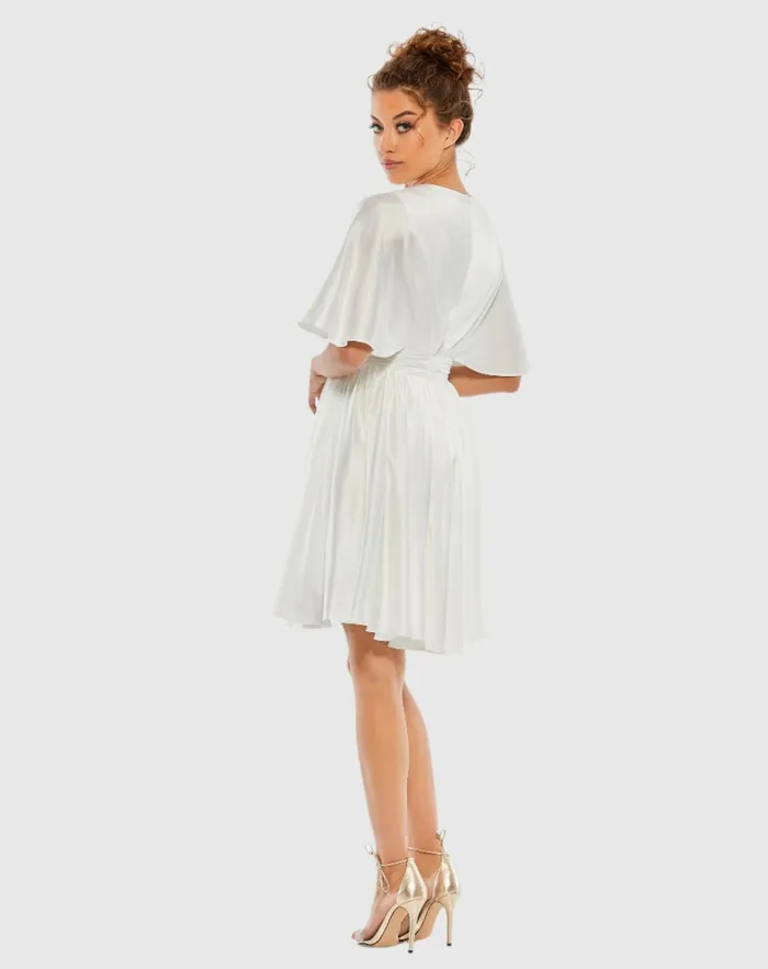 Mac Duggal Daytime Dresses Women White Satin Flowy Cape Sleeve Mini Dress 8211 FINAL SALE White