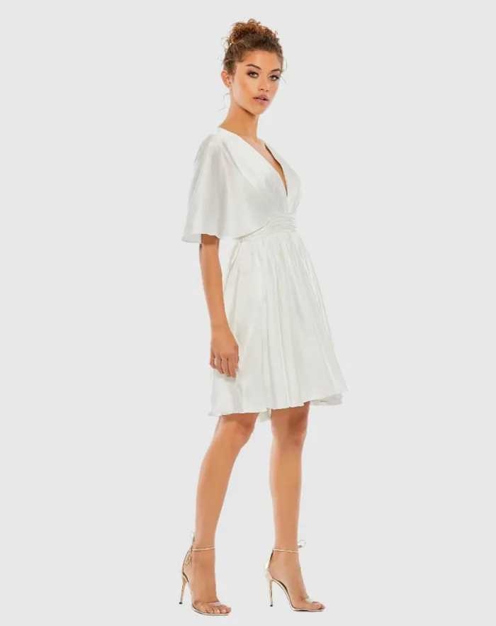 Mac Duggal Daytime Dresses Women White Satin Flowy Cape Sleeve Mini Dress 8211 FINAL SALE White