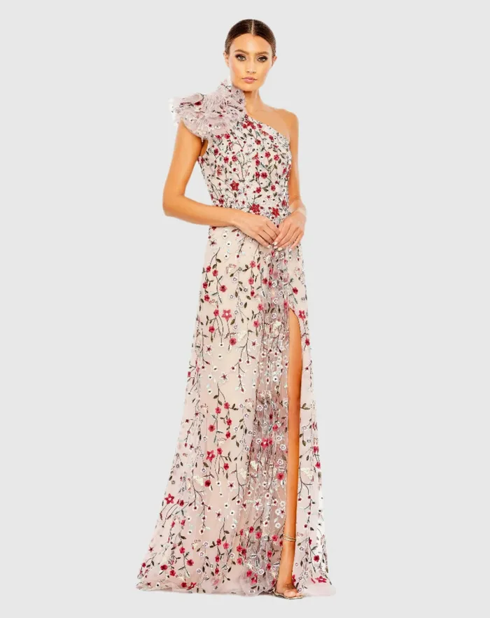 Mac Duggal Evening Gowns Women Embellished Ruffled One Shoulder A Line Gown Rose Multi