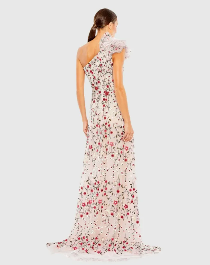 Mac Duggal Evening Gowns Women Embellished Ruffled One Shoulder A Line Gown Rose Multi