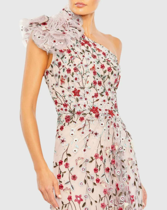 Mac Duggal Evening Gowns Women Embellished Ruffled One Shoulder A Line Gown Rose Multi
