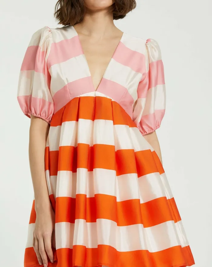 Mac Duggal Organza Striped Balloon Sleeve Mini Dress Sunset Women Every Day Dresses