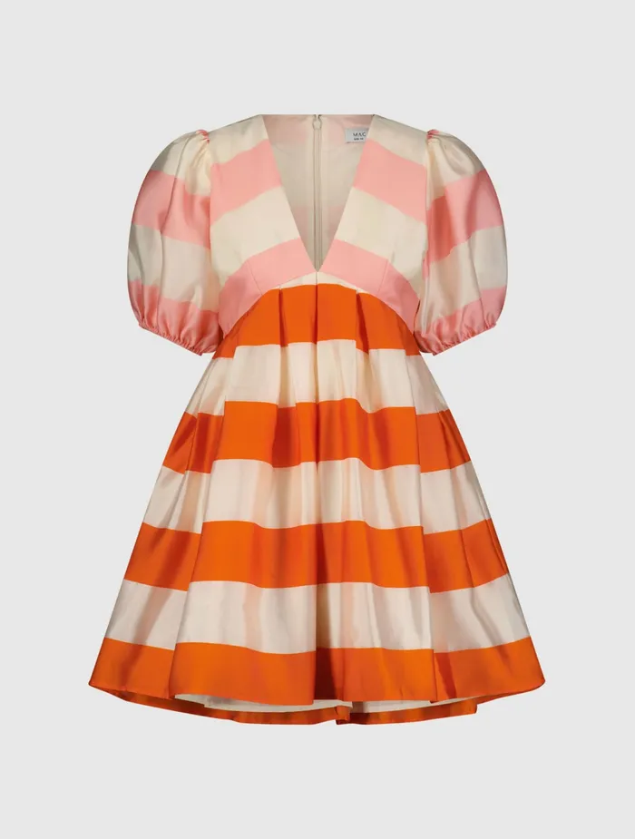 Mac Duggal Organza Striped Balloon Sleeve Mini Dress Sunset Women Every Day Dresses
