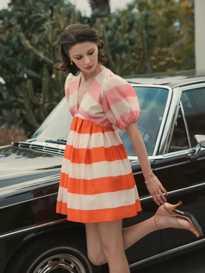 Mac Duggal Organza Striped Balloon Sleeve Mini Dress Sunset Women Every Day Dresses