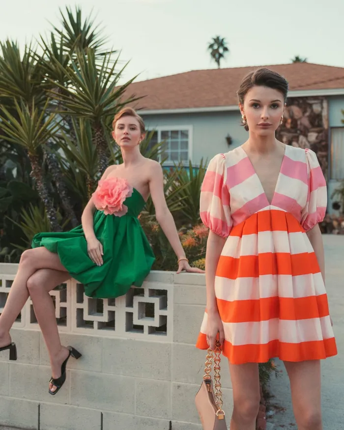 Mac Duggal Organza Striped Balloon Sleeve Mini Dress Sunset Women Every Day Dresses