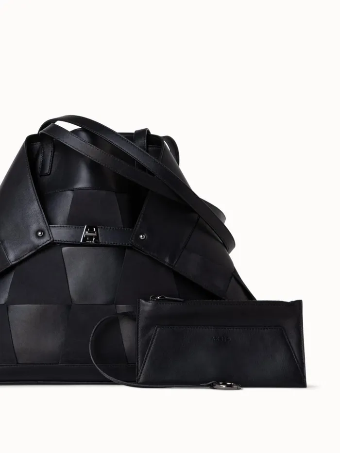 Medium Ai Shoulder Bag In Braided Leather And Nubuck Trapezoids Black Women Akris Shoulder Bags