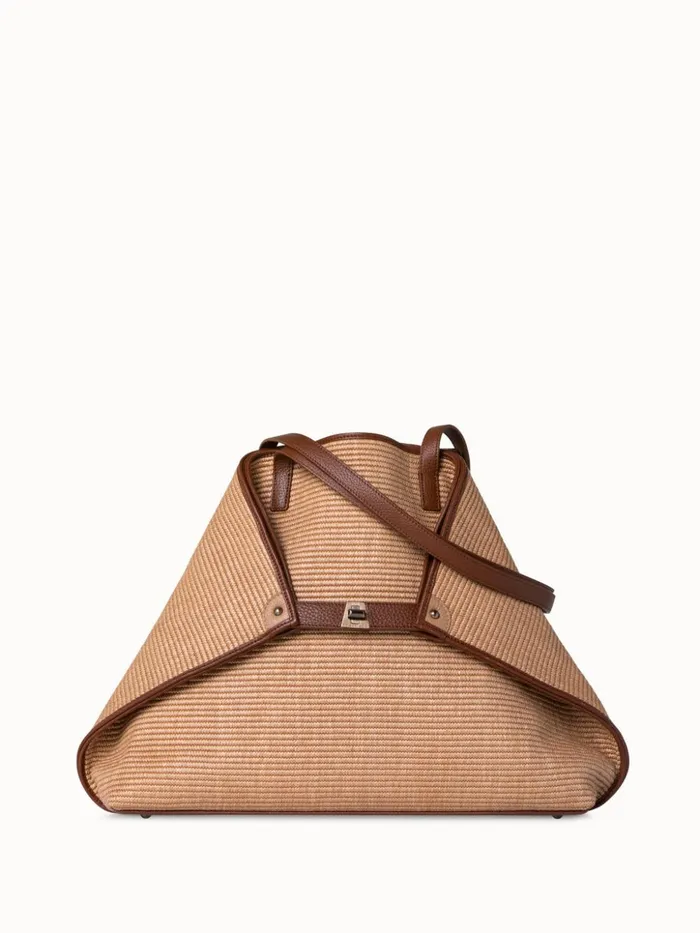 Medium Ai Shoulder Bag In Raffia With Leather Trim Camelcaramel Women Akris Tote Bags