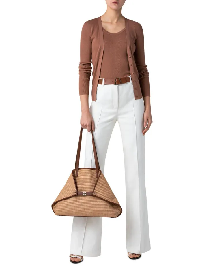 Medium Ai Shoulder Bag In Raffia With Leather Trim Camelcaramel Women Akris Tote Bags