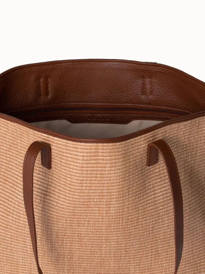 Medium Ai Shoulder Bag In Raffia With Leather Trim Camelcaramel Women Akris Tote Bags