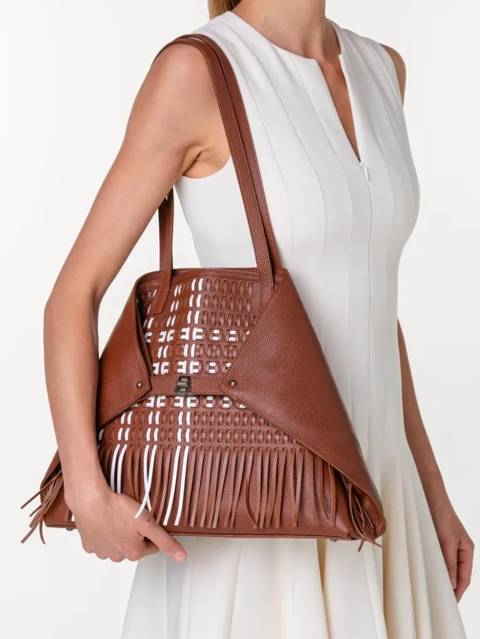 Medium Ai Shoulder Bag In Woven Leather With Fringes Caramelwhite Women Akris Shoulder Bags