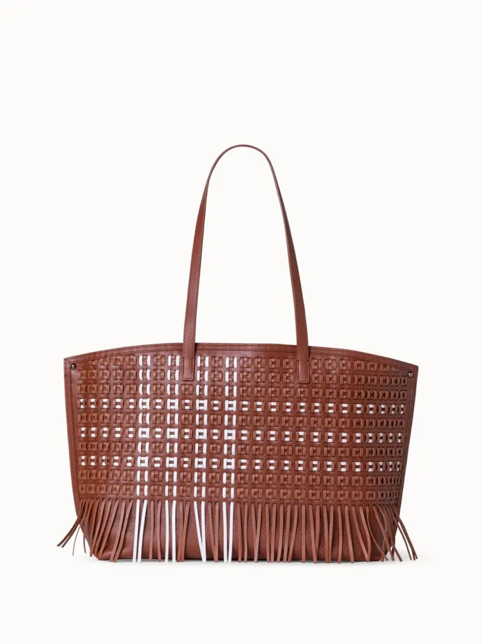 Medium Ai Shoulder Bag In Woven Leather With Fringes Caramelwhite Women Akris Shoulder Bags