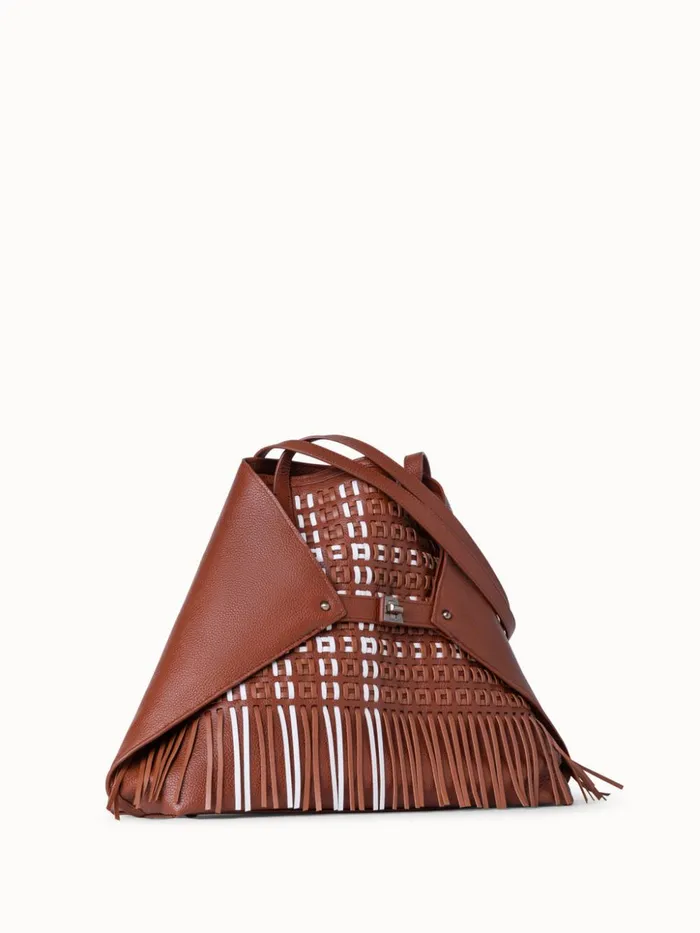 Medium Ai Shoulder Bag In Woven Leather With Fringes Caramelwhite Women Akris Shoulder Bags