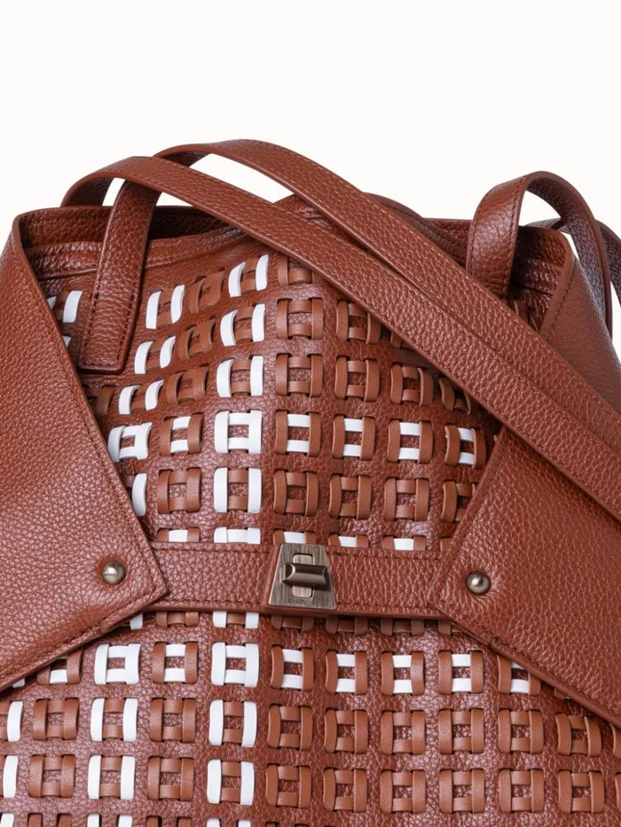 Medium Ai Shoulder Bag In Woven Leather With Fringes Caramelwhite Women Akris Shoulder Bags