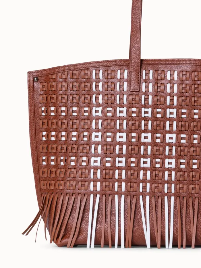 Medium Ai Shoulder Bag In Woven Leather With Fringes Caramelwhite Women Akris Shoulder Bags