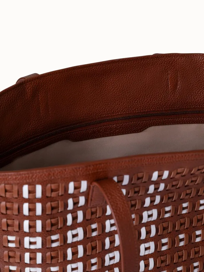 Medium Ai Shoulder Bag In Woven Leather With Fringes Caramelwhite Women Akris Shoulder Bags