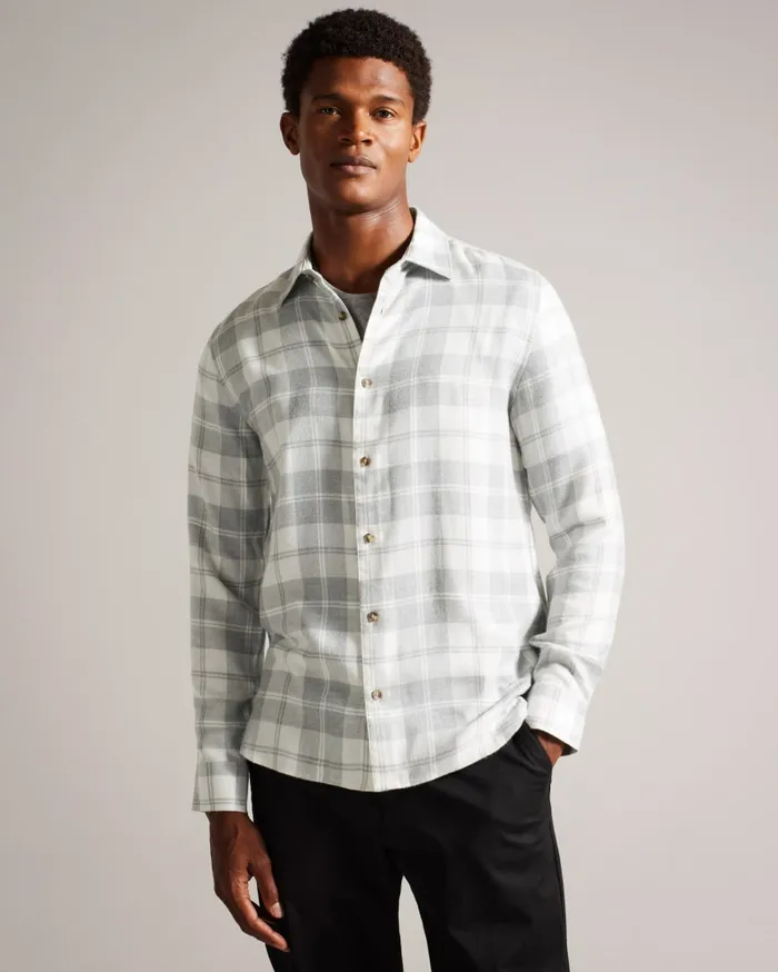 Men ABACUS 8211 Long Sleeve Check Flannel Shirt Light Grey Ted Baker Shirts