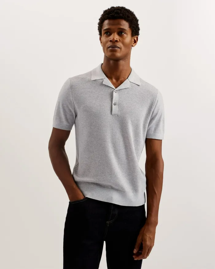 Men ADIO 8211 Short Sleeve Textured Polo Shirt Light Grey Ted Baker Jumpers and Knitwear