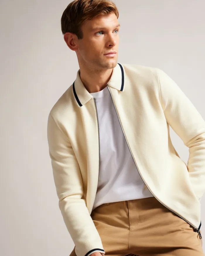 Men COPLOE 8211 Long Sleeve Zip Through Jacket White Ted Baker Jumpers and Knitwear