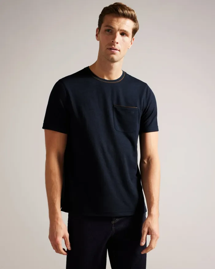Men GRINE 8211 Short Sleeve TShirt With Suedette Trim Navy Ted Baker Tops