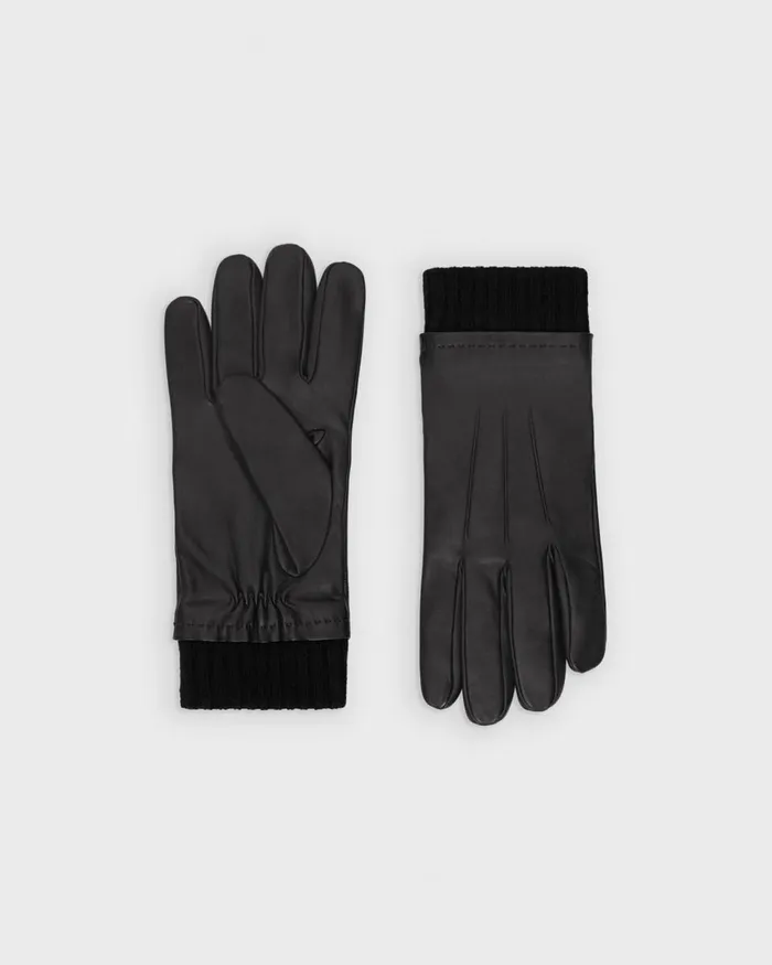 Men Hats Gloves Scarves Theory Ribbed Cuff Gloves In Leather Black