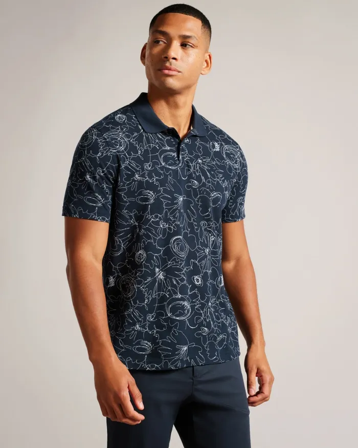 Men HOLLER 8211 Short Sleeve Regular Fit Printed Polo Shirt Navyblue Ted Baker Polo Shirts