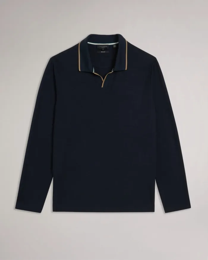 Men MASTE 8211 Long Sleeve Open Collar Polo Shirt Navy Ted Baker Tops