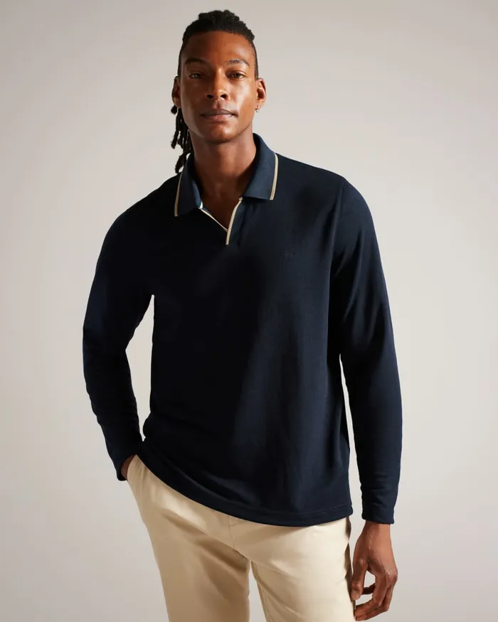 Men MASTE 8211 Long Sleeve Open Collar Polo Shirt Navy Ted Baker Tops Men MASTE 8211 Long Sleeve Open Collar Polo Shirt Navy Ted Baker Tops