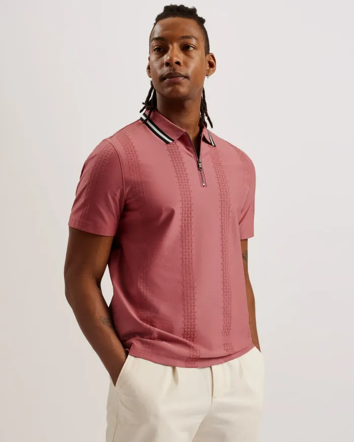 Men ORBITE 8211 Slim Fit Jacquard Zip Polo Shirt Medium Pink Ted Baker Tops