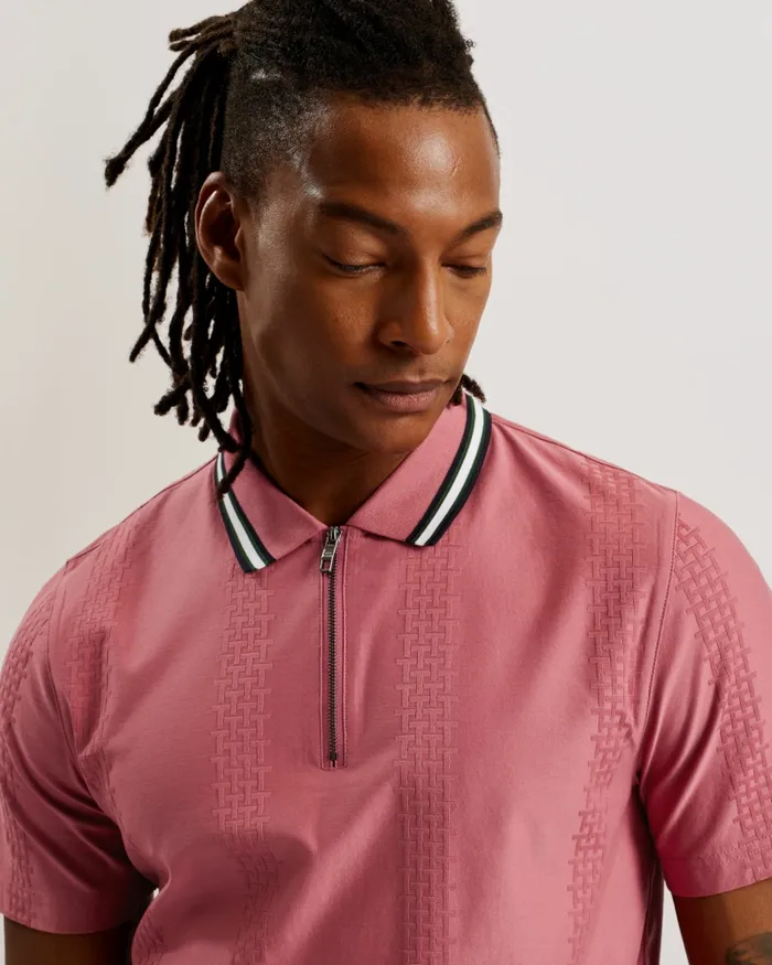 Men ORBITE 8211 Slim Fit Jacquard Zip Polo Shirt Medium Pink Ted Baker Tops