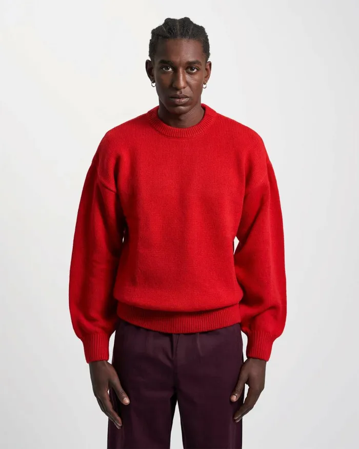 Men Oversized Merino Wool Crew Scarlet Red Colorful Standard Knit Sweaters