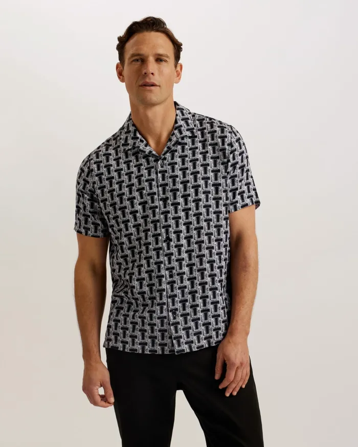 Men RHIN 8211 Short Sleeve Textured T Print Shirt Black Ted Baker Shirts Men RHIN 8211 Short Sleeve Textured T Print Shirt Black Ted Baker Shirts