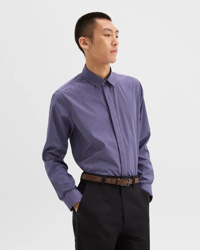 Men Shirts Theory Straight Shirt In Striped CottonBlend Marinalight Grey Multi