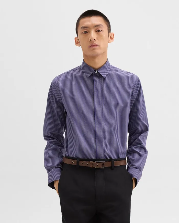 Men Shirts Theory Straight Shirt In Striped CottonBlend Marinalight Grey Multi