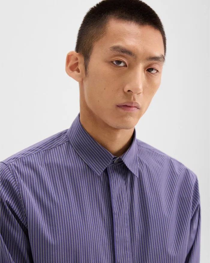 Men Shirts Theory Straight Shirt In Striped CottonBlend Marinalight Grey Multi
