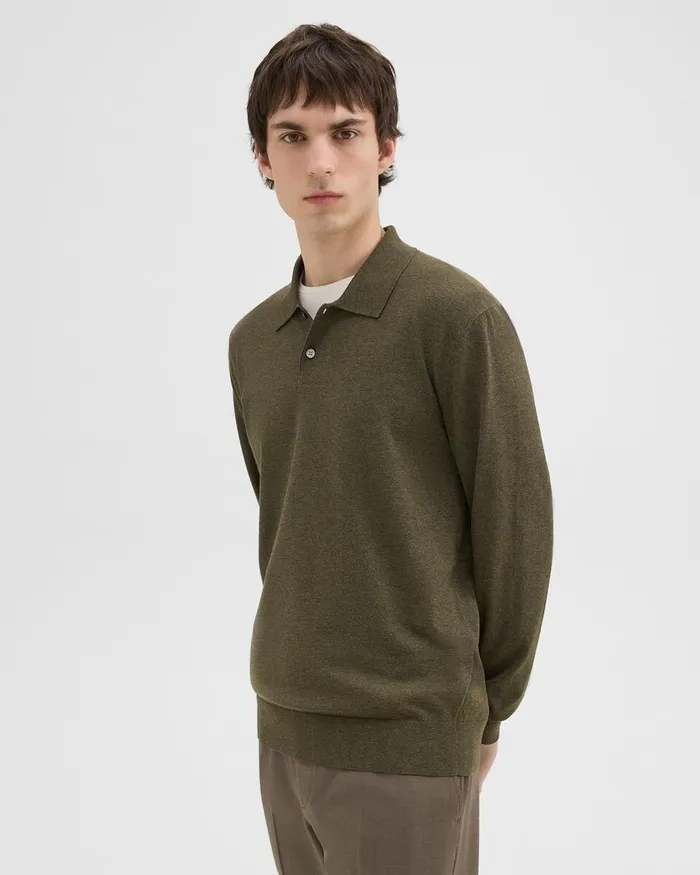 Men Sweaters Cardigans Theory Goris LongSleeve Polo Shirt In Light Bilen Hunter Green Melange