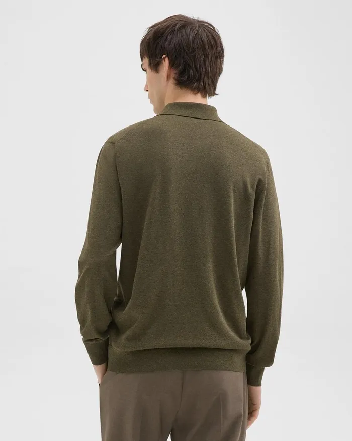 Men Sweaters Cardigans Theory Goris LongSleeve Polo Shirt In Light Bilen Hunter Green Melange