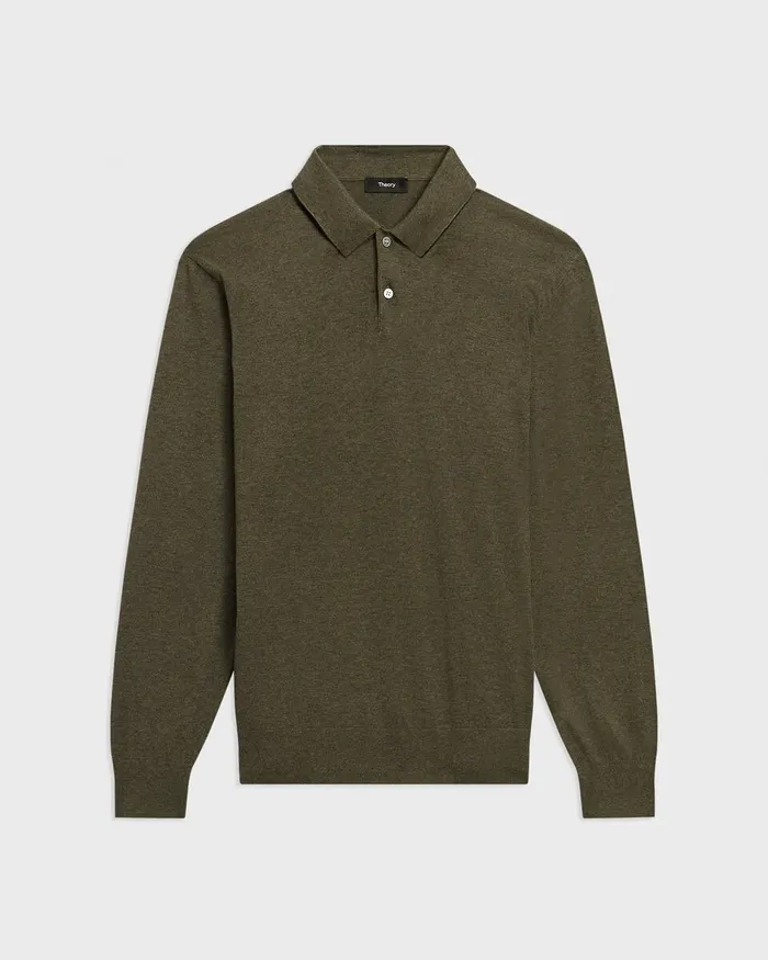 Men Sweaters Cardigans Theory Goris LongSleeve Polo Shirt In Light Bilen Hunter Green Melange