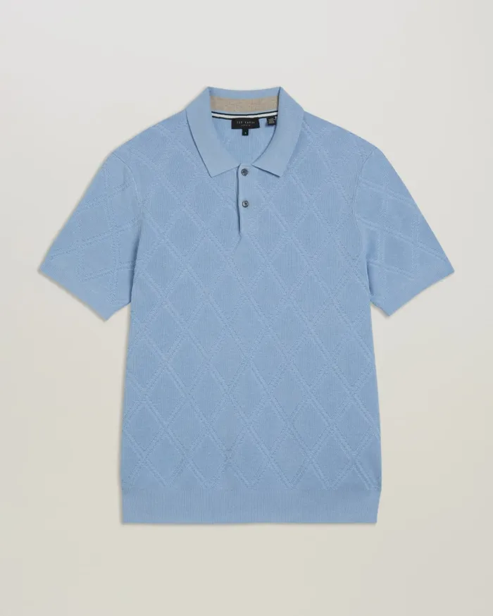 Men VENTAR 8211 Diamond Knit Polo Shirt Pale Blue Ted Baker Jumpers and Knitwear