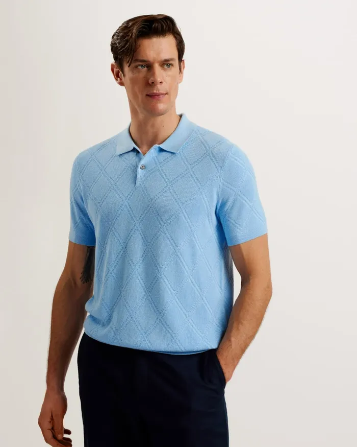 Men VENTAR 8211 Diamond Knit Polo Shirt Pale Blue Ted Baker Jumpers and Knitwear Men VENTAR 8211 Diamond Knit Polo Shirt Pale Blue Ted Baker Jumpers and Knitwear