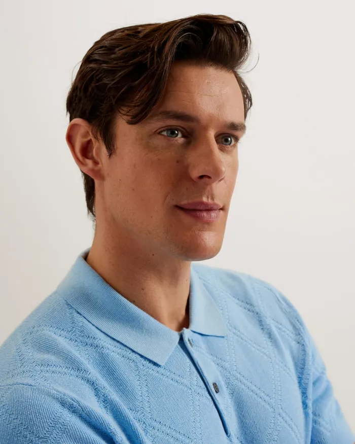 Men VENTAR 8211 Diamond Knit Polo Shirt Pale Blue Ted Baker Jumpers and Knitwear Men VENTAR 8211 Diamond Knit Polo Shirt Pale Blue Ted Baker Jumpers and Knitwear