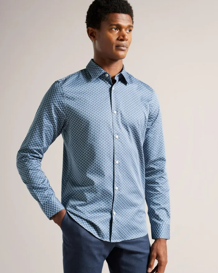 Men WILLUW 8211 Long Sleeve Geometric Print Shirt Blue Ted Baker Shirts Men WILLUW 8211 Long Sleeve Geometric Print Shirt Blue Ted Baker Shirts