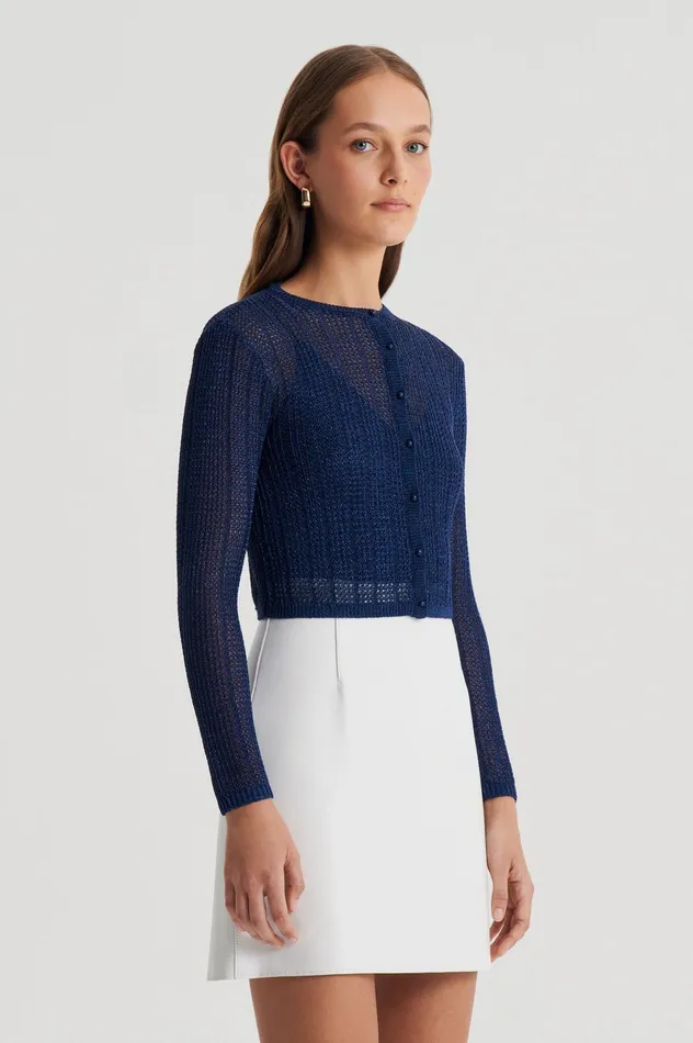 METALLIC KNIT CROP CARDIGAN NAVY Knitwear Scanlan Theodore Women METALLIC KNIT CROP CARDIGAN NAVY Knitwear Scanlan Theodore Women